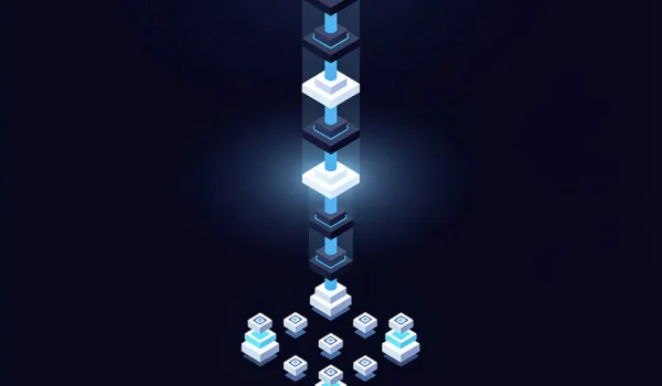 Gelaagde geometrische pijplijn die data filtert en verfijnt in isometrische vectorillustratie met elektrisch blauw en navy kleurenpalet.