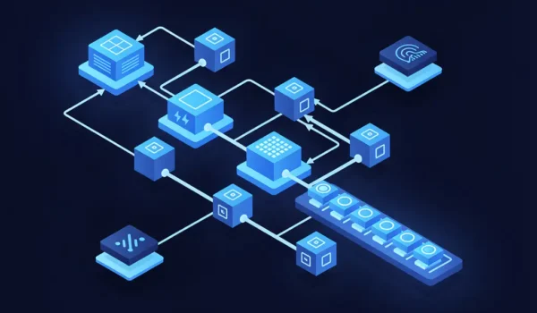 Isometrisch diagram van een modulaire datapijplijn met geometrische blokken en stroomlijnen op donkerblauwe achtergrond.